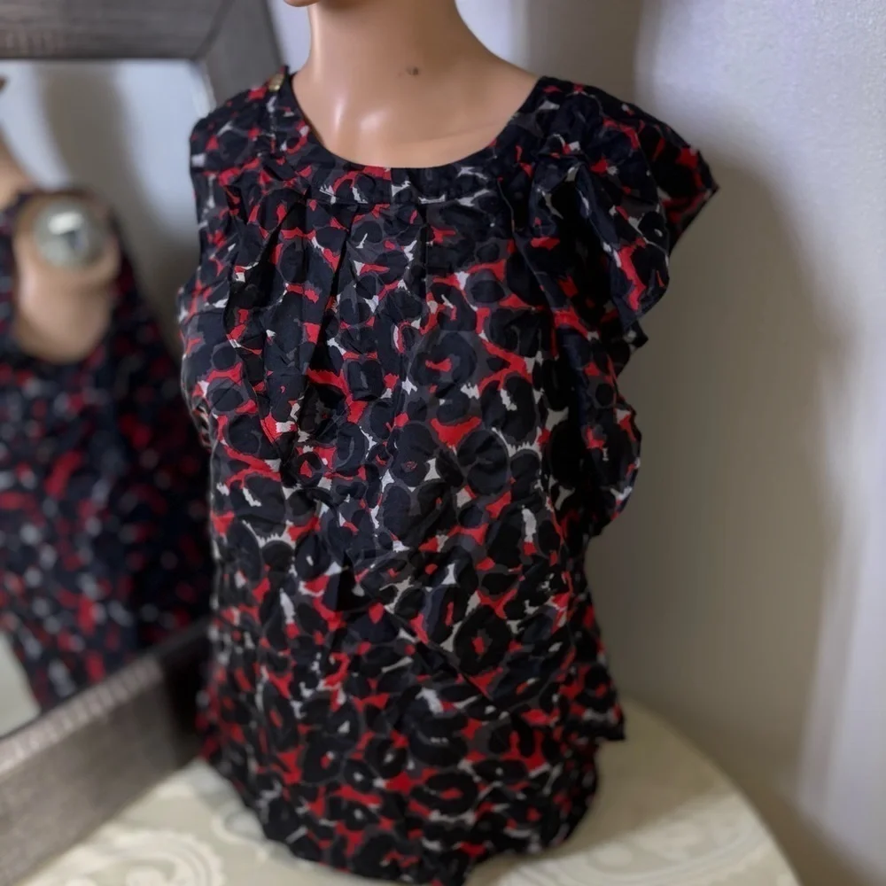 Michael Kors Black and Red Ruffled Cap Sleeve Blouse